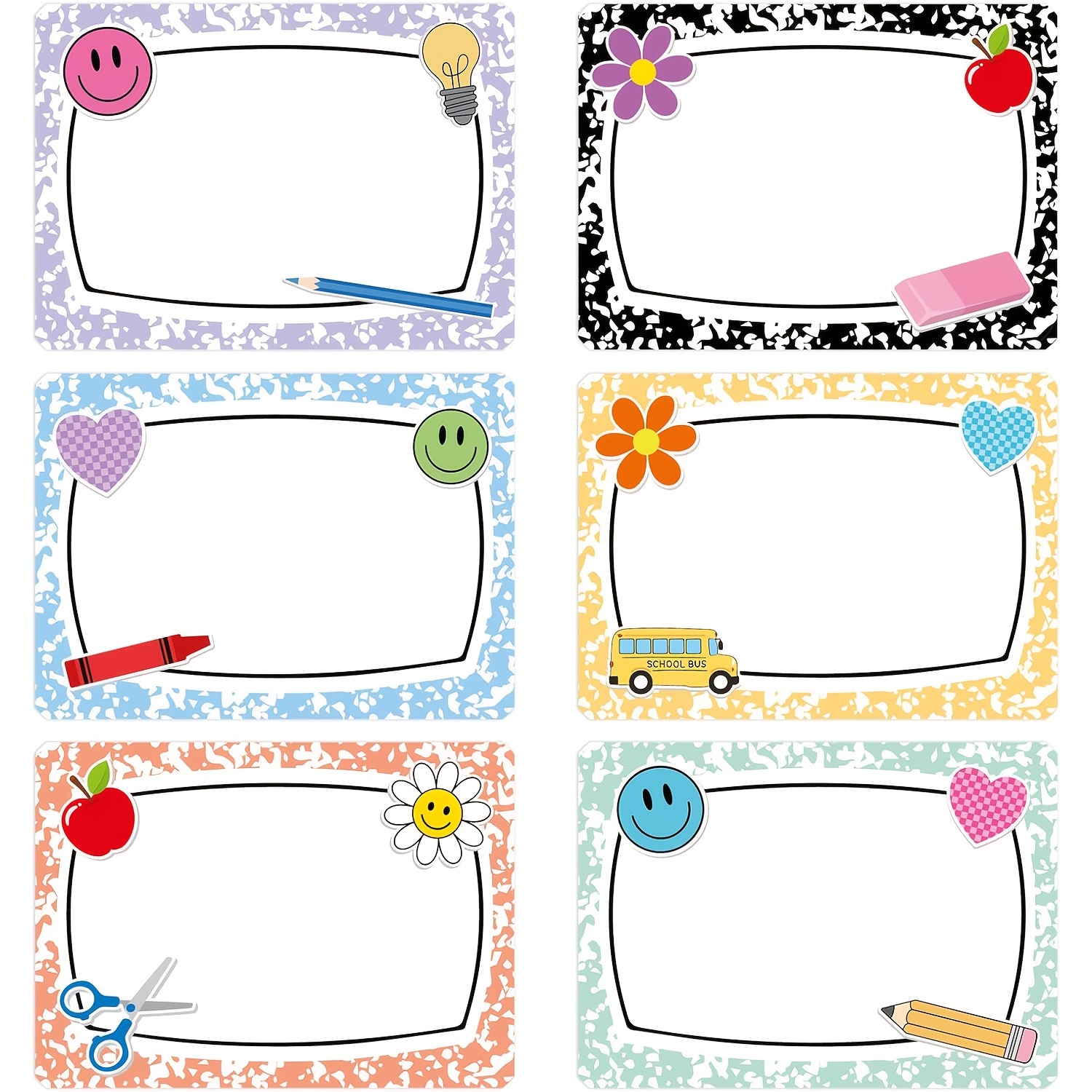 TEMU 30pcs Étiquettes Autocollantes Composition Nom Étiquette Autocollante Décalcomanie Pastel Crayon Marguerite Étiquette de Nom Vierge Rentrée