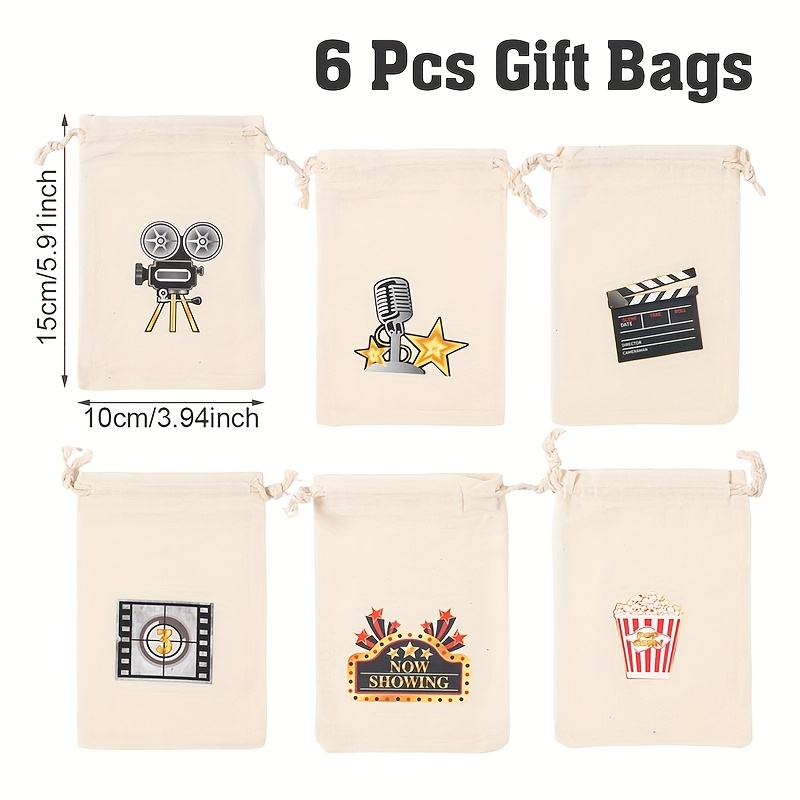 Image of Gift For Her/him Set Of 6, Drawstring Gift Bags For Movie Night, Themed Party Favor Bags, Decorations For Birthday Celebrations, Supplies For Movie Night Events