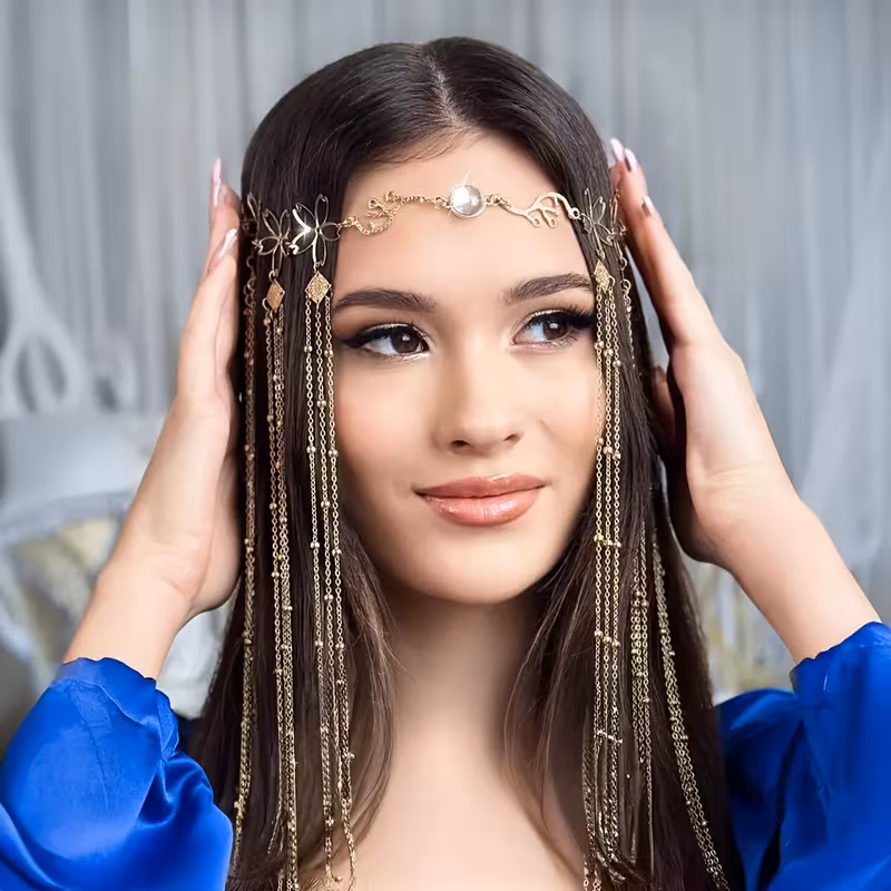 1pc fashionable and elegant chain tassel headband bohemian style hair chain with crystals suitable for halloween costumes and fairy role playing Product details 0