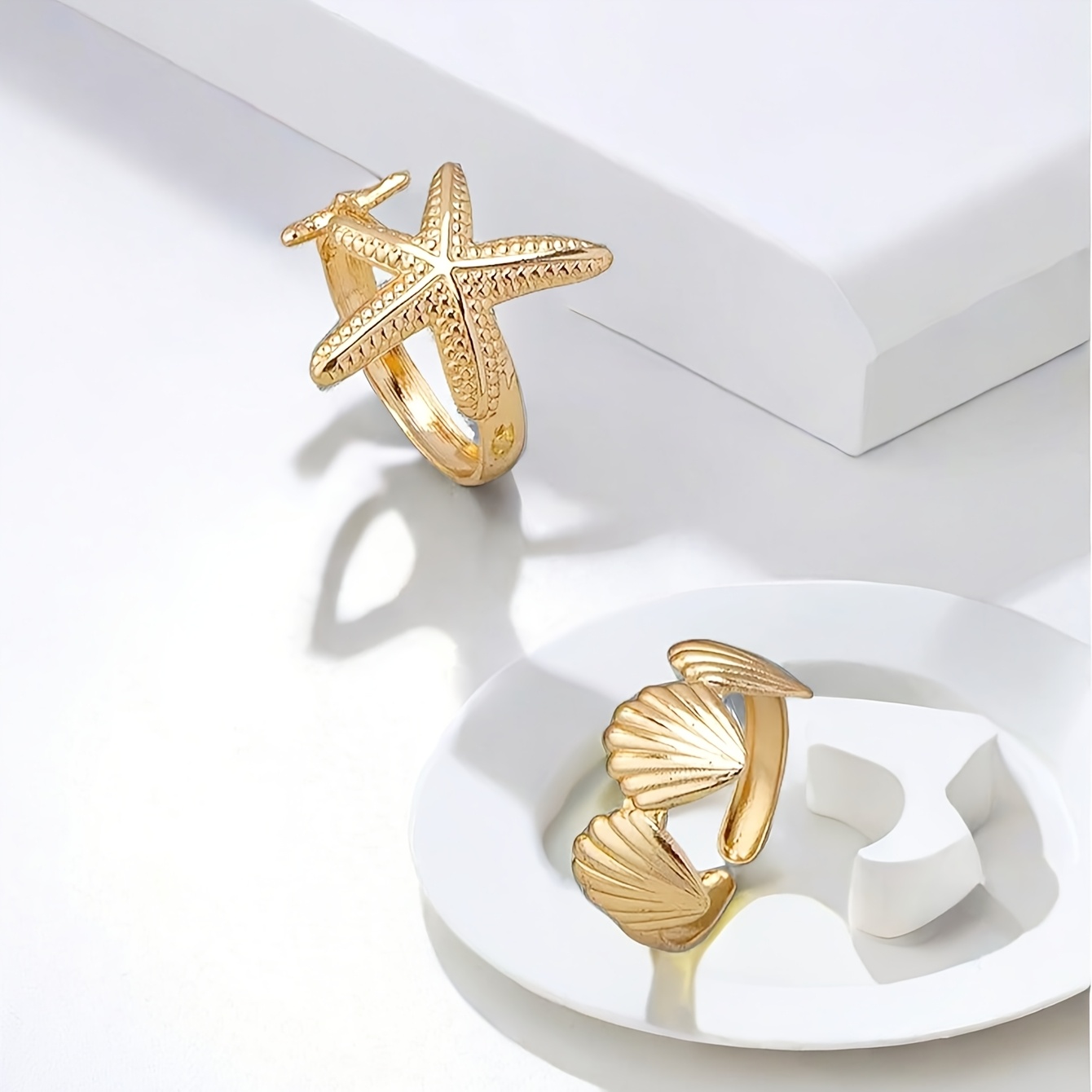 2pcs 3D Starfish & Shell Vintage Style Adjustable Ring Set
