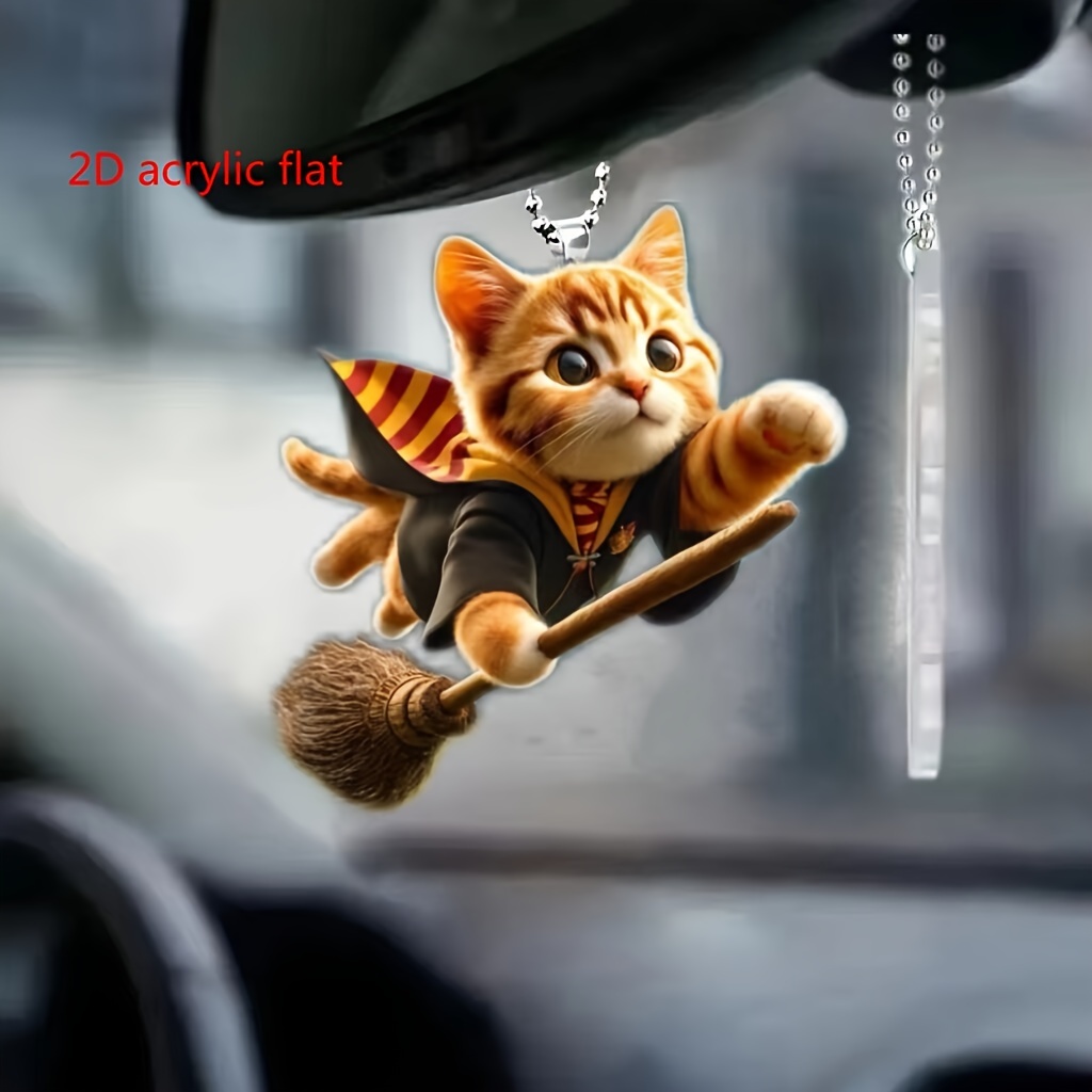 

1pc Cat Wizard On Broomstick Hanging Ornament - 2d Acrylic Car Rearview Mirror Charm - Fashionable Home Decor Pendant - Versatile Accessory For Bags And Keychains - Delightful Gift Item