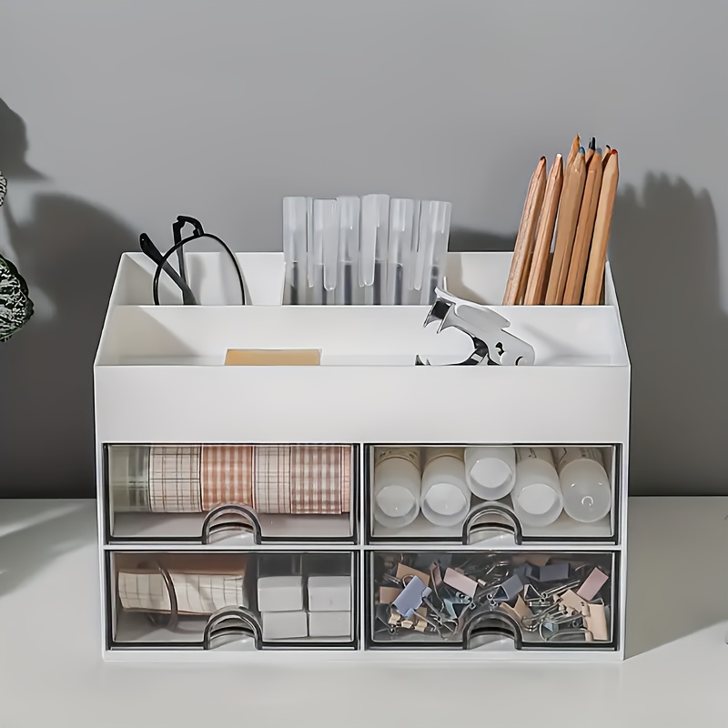 

Organisateur de Bureau à 4 Tiroirs Porte-Stylo - Rangement Polyvalent pour Papeterie, Fournitures de Bureau & Cosmétiques - Idéal pour l'École, les Dortoirs & à Domicile