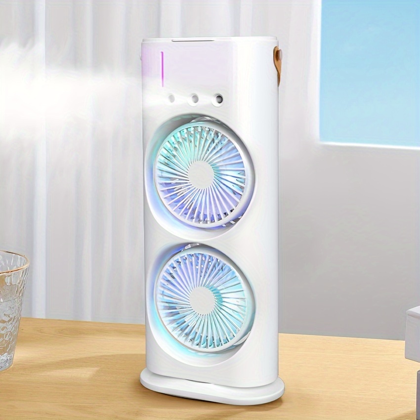 

3 Speeds Adjustable Double Head Spray Cooling Fan, Household Portable Humidifying Air Cooler With Lamp, Desktop Ice Spray Fan Plug-in Model