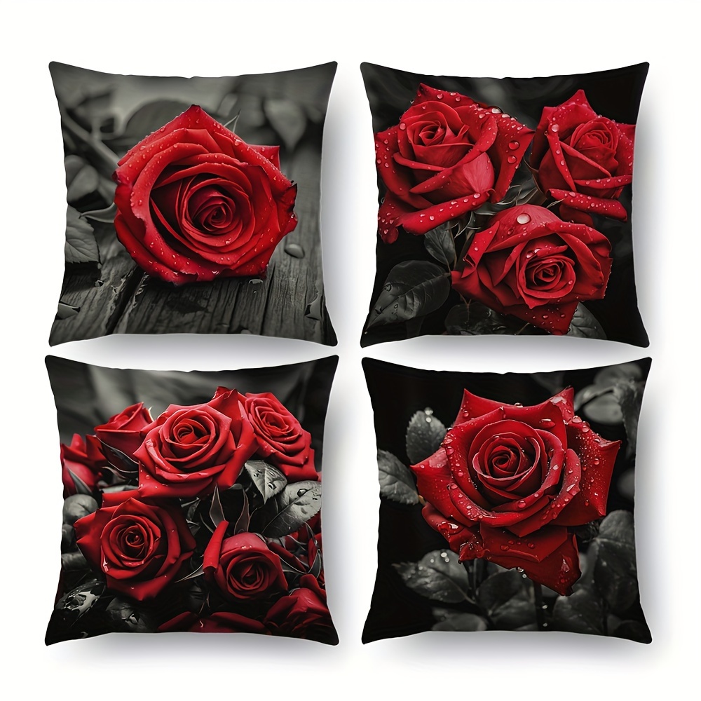 

4pcs/set Rustic Linen Throw Pillow Covers, 17x17inch Red Rose On Gray Background, Square Decorative Cushion Cases, Farmhouse Style For Sofa, Bed, Outdoor Use - Ideal Gift For Family & Friends