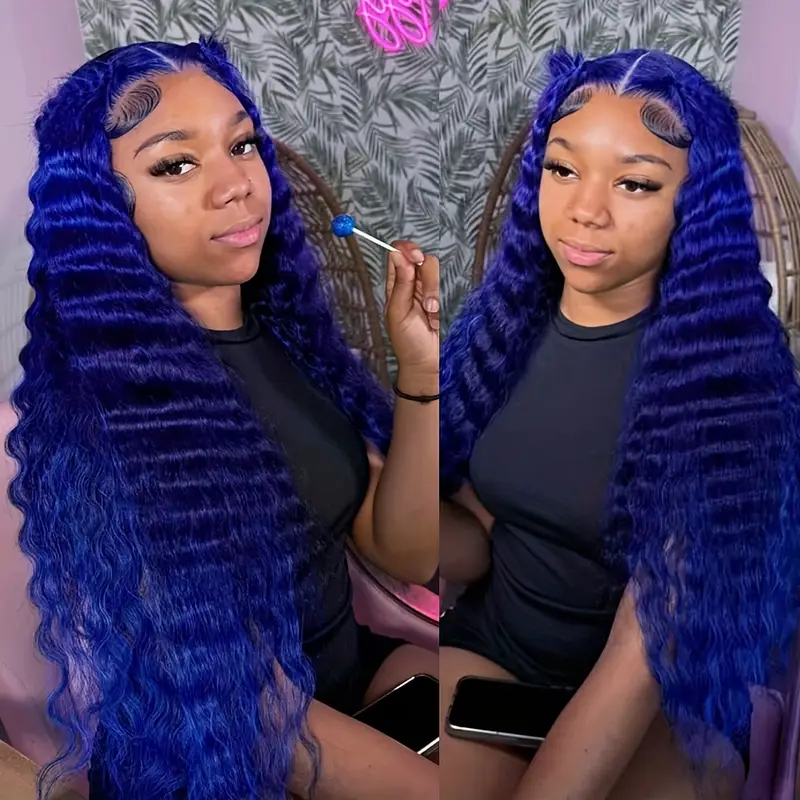 13x4 wave lace front wigs dark blue water wave wigs long curly hair glueless wig 180 density synthetic wigs middle part heat resistant synthetic lace front wigs for women daily party use 28 inch colored wig details 2