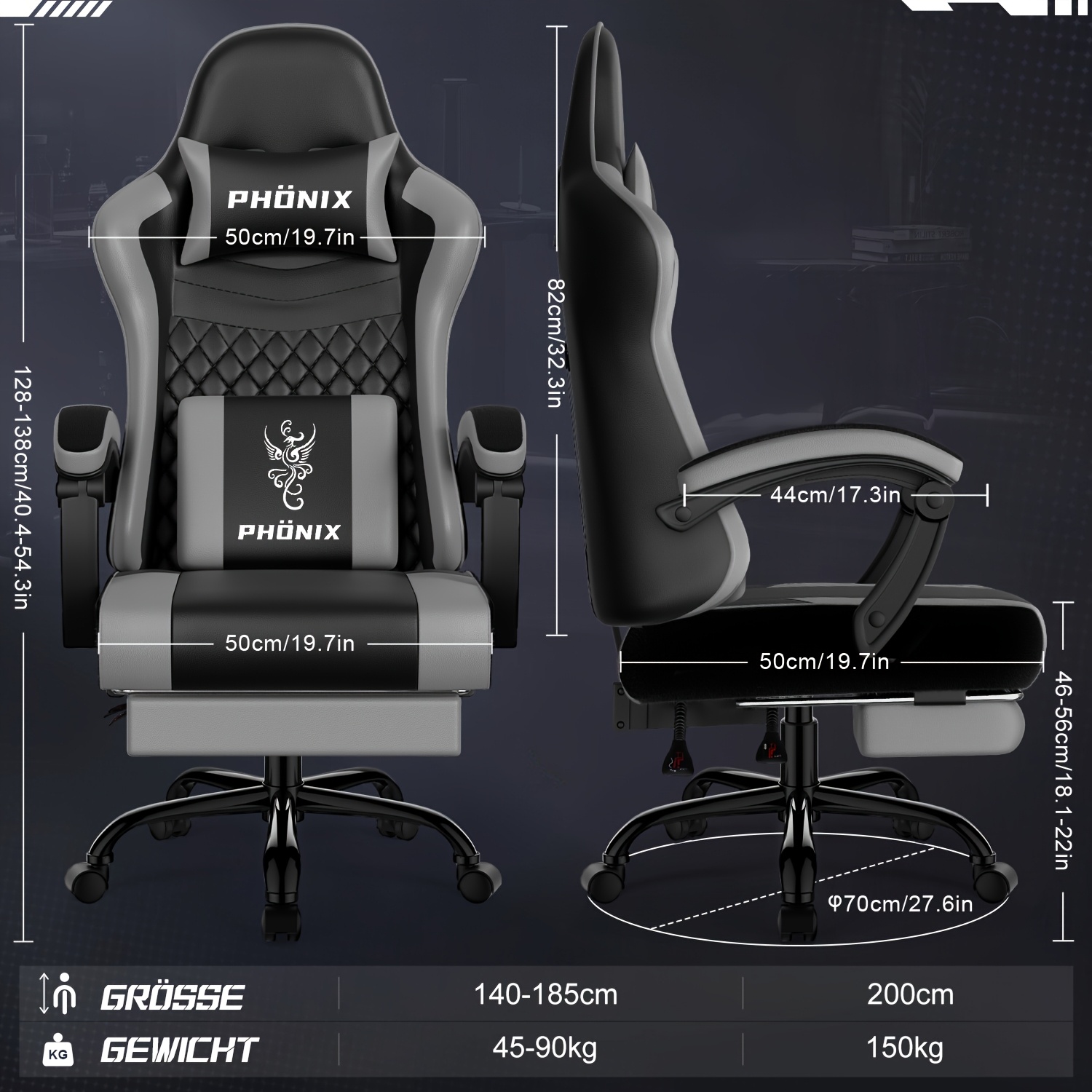 Gronfont Gaming Chair with Footrest, Rocking Function Up to 155°, Ergonomic Gaming Chair with Adjustable Lumbar Cushion, Headrest, Height-Adjustable And Swivel, 360° Gaming Chair, Gaming Chair 150kg, Black, Gray, White, Perfect Christmas Gift
