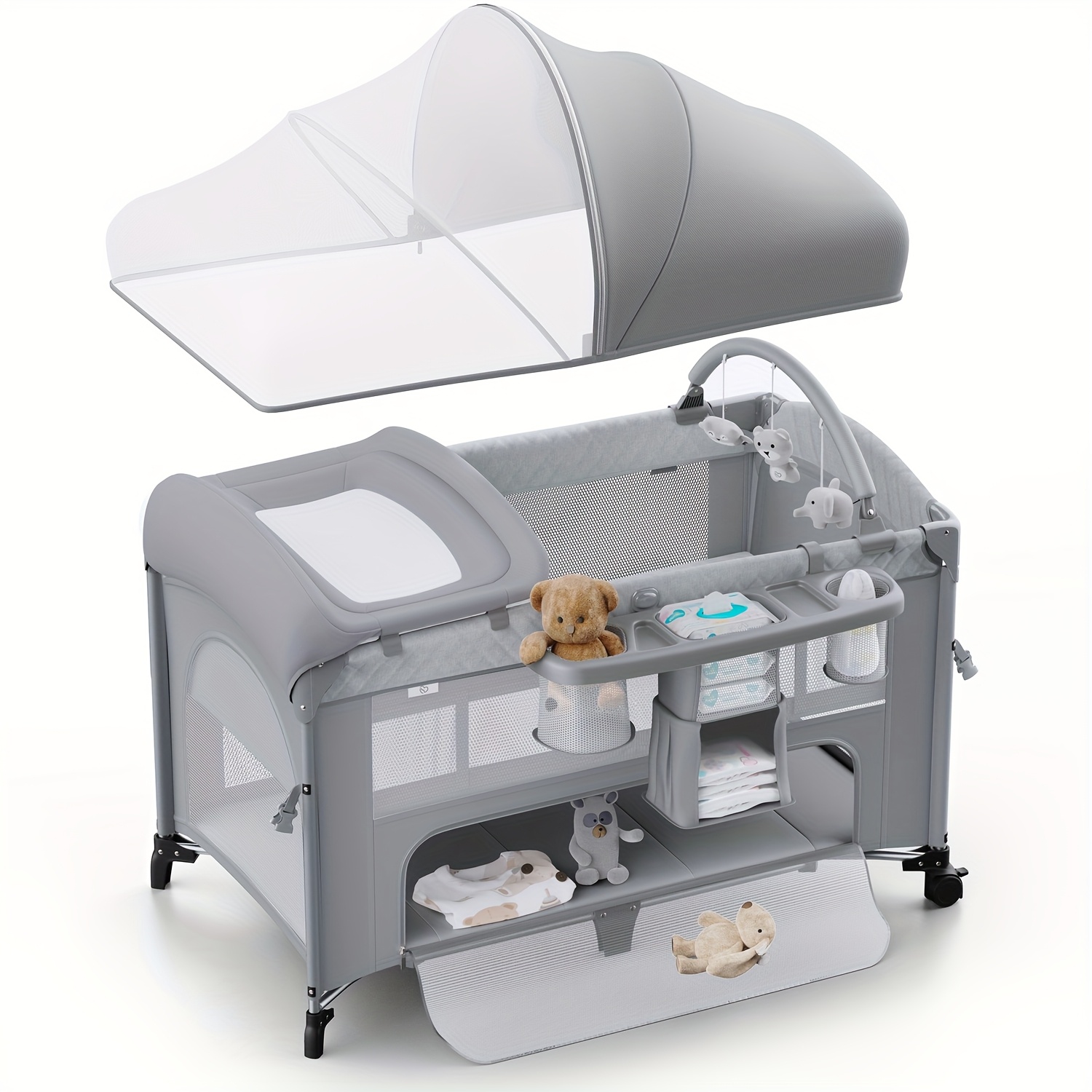 4in 1 Baby Bassinet Playard, with Breathable Mesh & Toy Mobile, Changing Table, Portable Crib