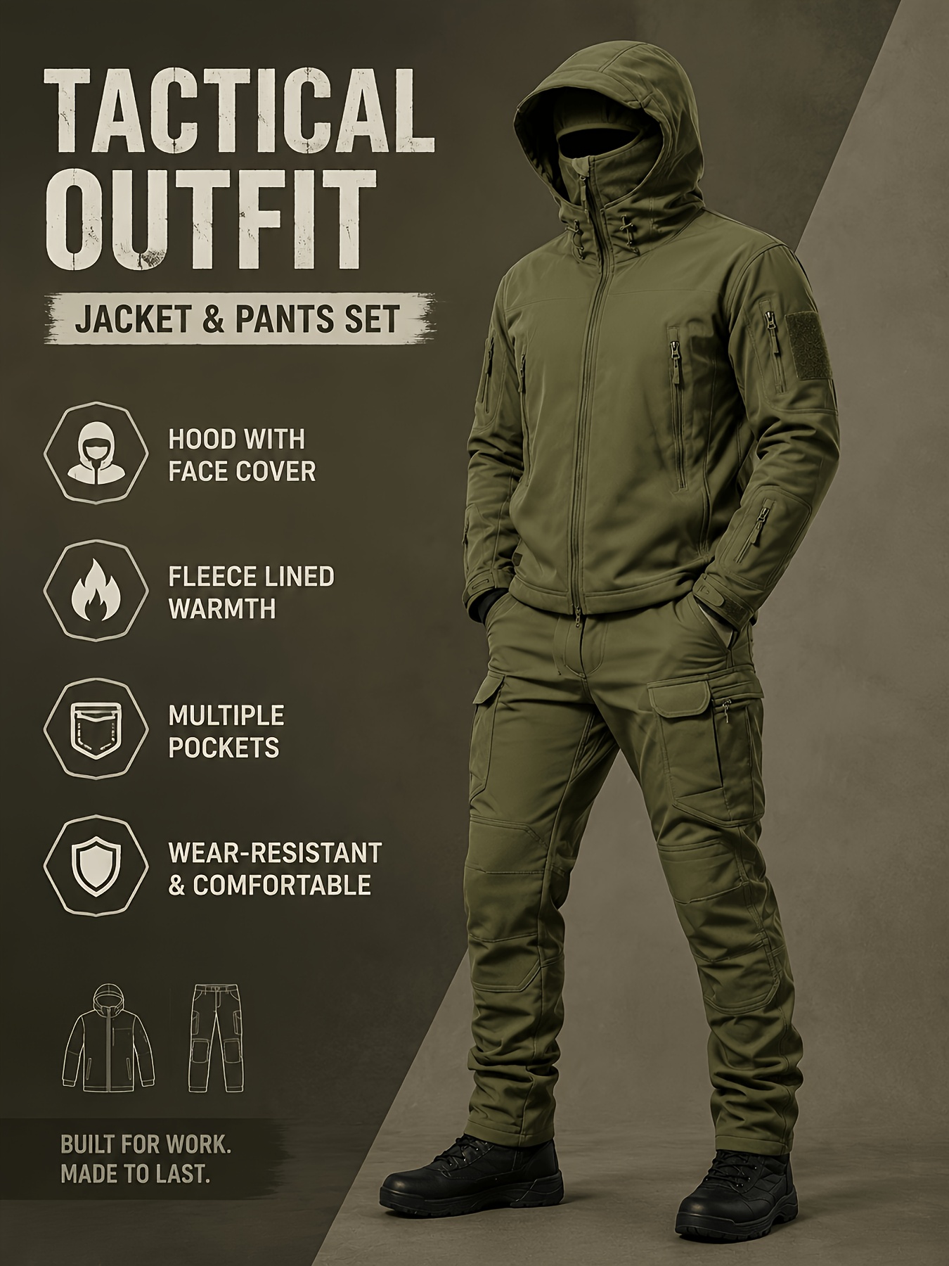 Men's Multi-Pocket Softshell Jacket & Cargo Pants Set with Face Mask
