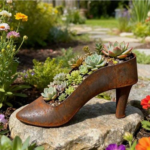 kreativer schmiedeeisen-blumentopf in high-heel-form - vintage metallmaterial, einzigartiges high-heel-design, für lebendige blumen pflanzen. ideal für gartenrasen, landschaftsecken gartenbereiche. verleiht ihrem gartenraum vintage-kunst spaß. eine kreative für gartendekoration pflanzung