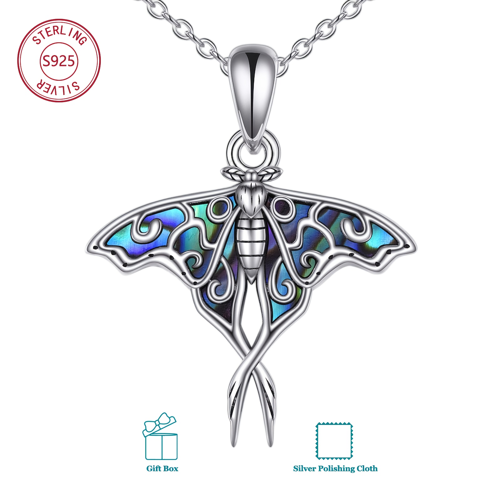 Image of 925 Sterling Silvery Moth Necklace For Women - Moth Pendant With Synthetic Abalone Shell, Ethereal Moonlight Jewelry Gift -