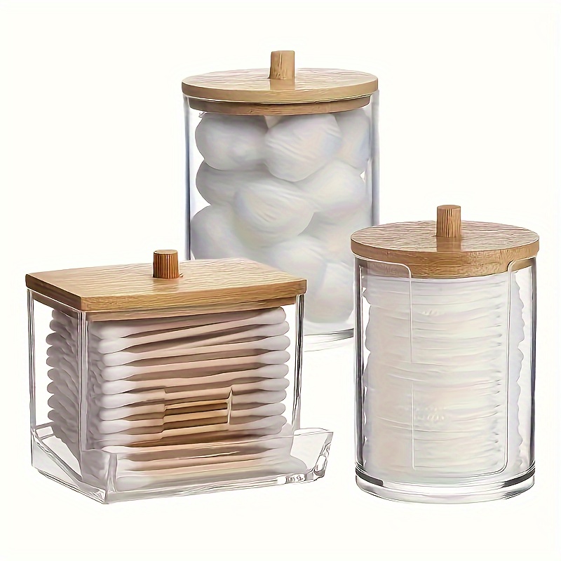 set of 3 contemporary plastic swab dispensers with wooden lids clear glass storage containers for cotton swabs pads and balls bathroom vanity organizers with   display 8 10oz details 0