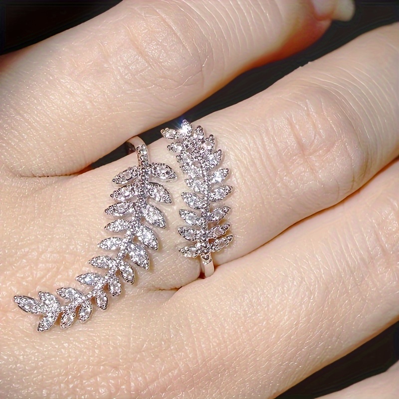925 Silver Plated Zirconia Olive Leaves Ring Adjustable
