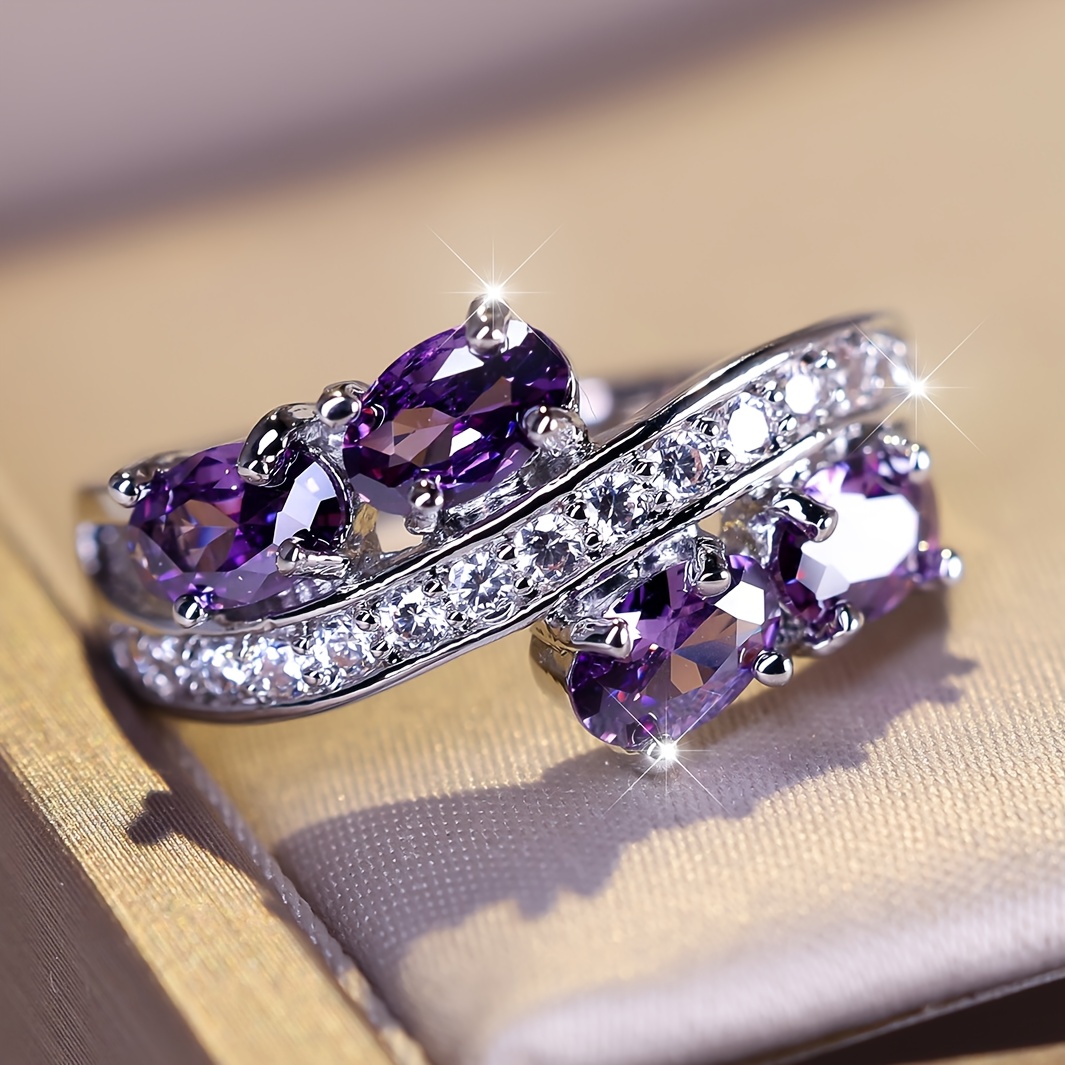TEMU Angol A Personalized And Fashionable Women's Classic Versatile Inlaid Purple Synthetic Zirconia Suitable For Party Wedding Daily Wear Exquisite