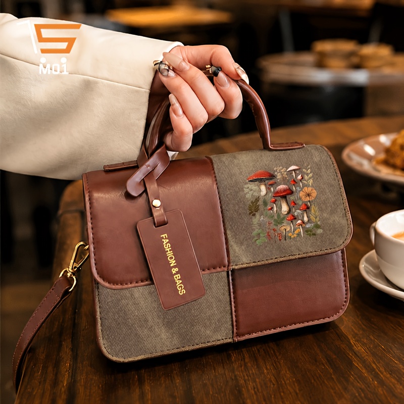 TEMU 1pc Botanical Mushroom Collection Pattern Print Women's Handbag With Magnetic Closure Elegant Square Tote With Detachable Shoulder Strap