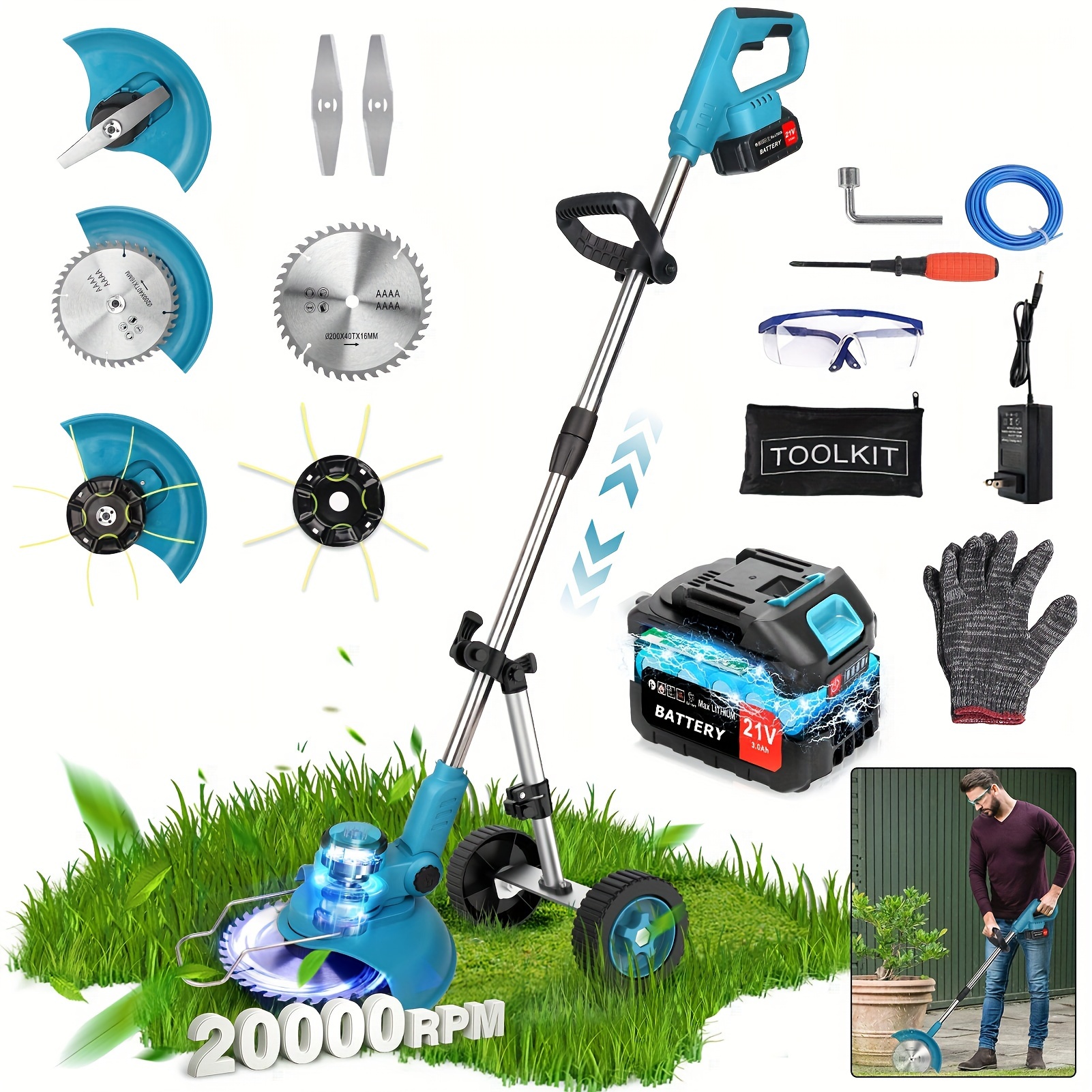 

850w Electric Cordless Lawn Mower, 20000rpm 21v Cordless Powered With 3000ah Battery, Adjustable Handle, 3 Kinds Blades, 3 In 1 Stringless Grass Trimmer/edger/brush Cutter For Lawn Yard Garden