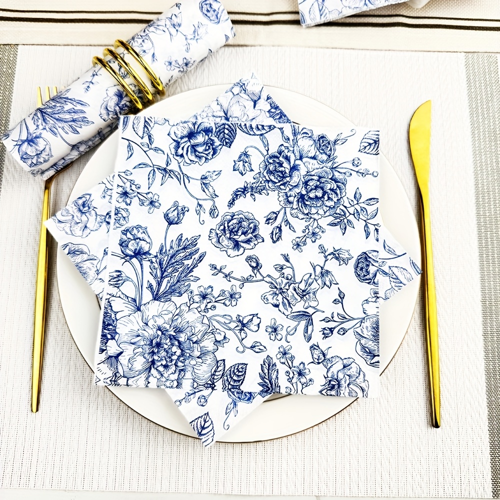 E-shop 20 Vintage Blumenservietten mit blau-weißem Porzellan-Blumenmuster – für Hochzeiten, Geburtstage Gartenpartys – für Restaurant-, Küchen-,