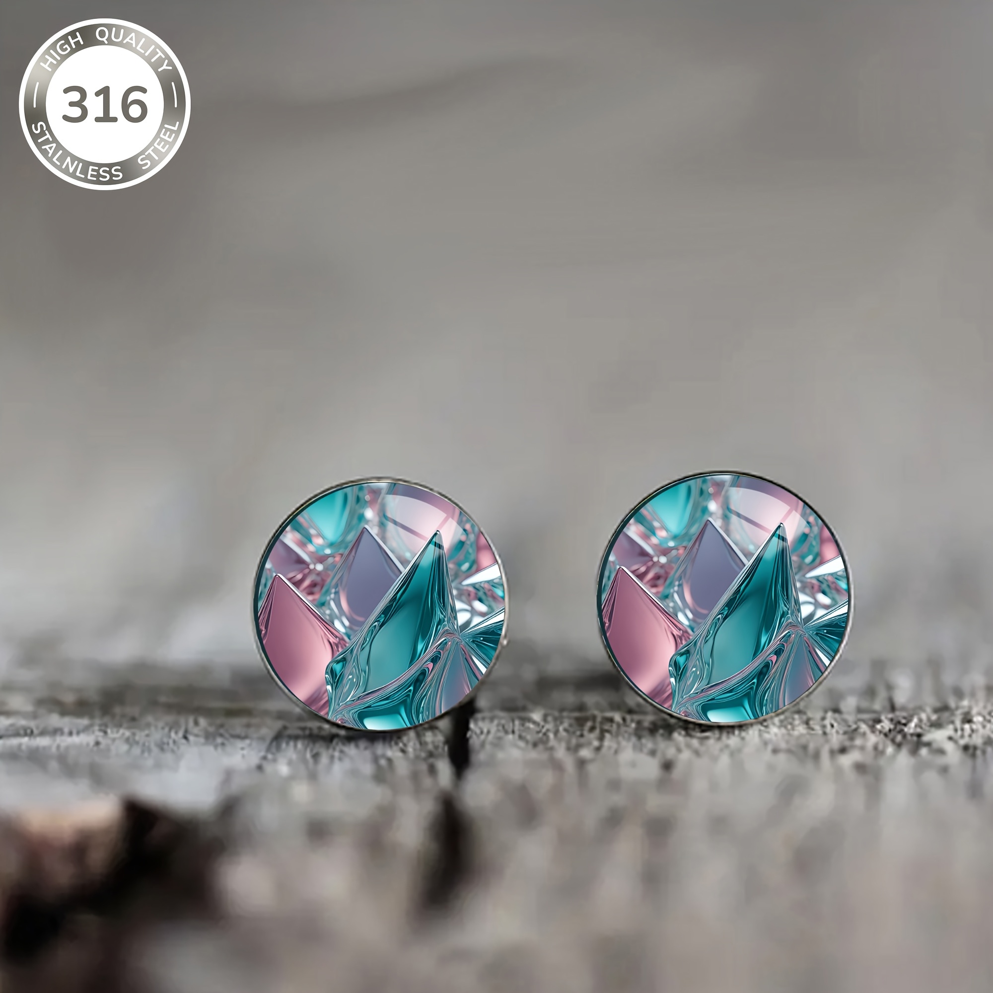 A Pair Of Stylish Earrings For Women, Featuring A Pink And Blue Gradient Cut Pattern. Made Of Luxurious And Elegant Steel With Embedded Convex Glass, And Vacation Wear