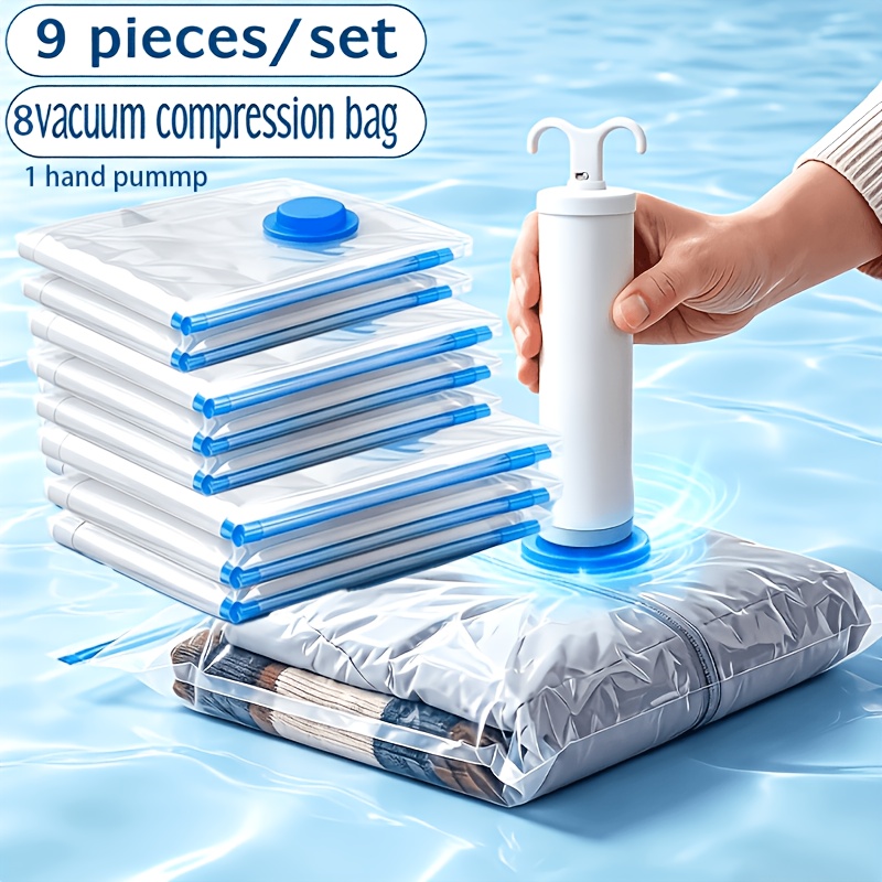 TEMU Juego de almacenamiento de 9 piezas - Bolsas de compresión para almacenamiento al vacío y bomba de vacío de , bolsas reutilizables selladas al