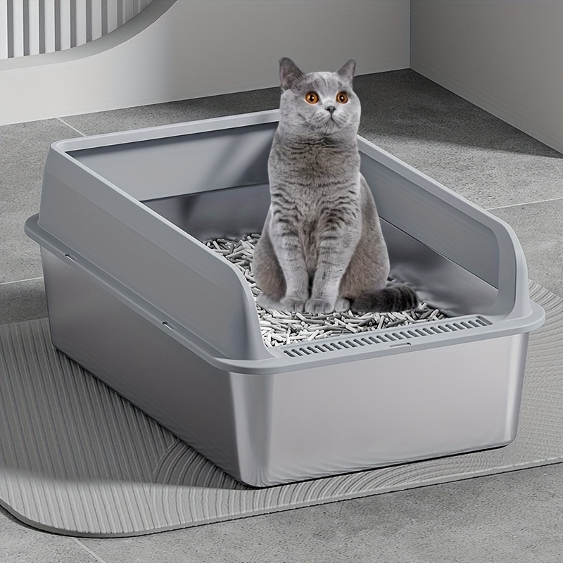 Large Stainless Steel Cat Litter Box with Scoop * Tray Suitable for Large  Cats * * Easy to Clean, Open Top Deep Rim Semi-Closed Design, Dimensions  50*35*20cm, Ideal for Cats Under 9.98 KG