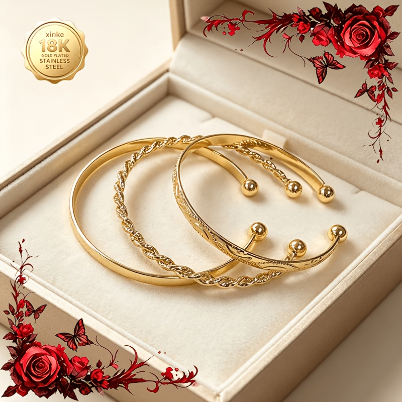 TEMU 18k Golden Plated 3pcs Set Bangle Retro Carved Glossy Twist Bracelet Women' Luxury Stackable Golden Bangle