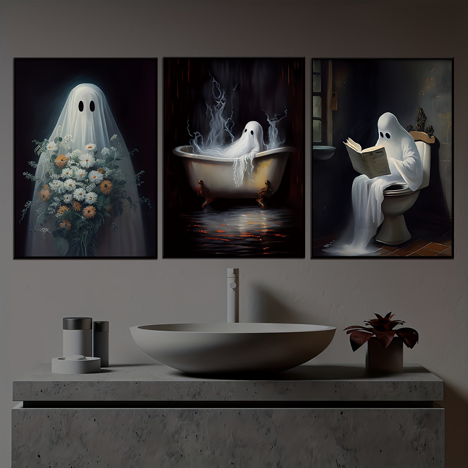 

3pcs Whimsical Bathroom Canvas Art Set - Unframed, Modern Gothic Wall Decor With Humorous Bathtub Spookies For Home Office & Living Room Bathroom Wall Decor Bathroom Decor Wall Art