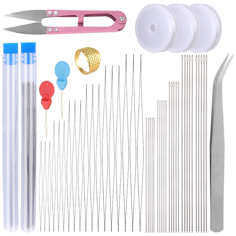 

[1 Set Beading Needle Kit] Beading Needle Kit, Stainless Steel Seed Beads Needles - Long Straight & , Beading Tools Set With , String, , Scissors For Jewelry Crafting