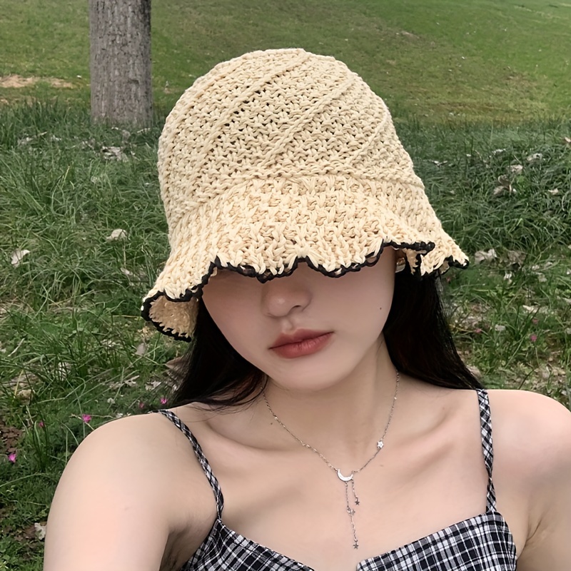 Hollow Crochet Breathable Bucket Hat Elegant Straw Cloche - Temu