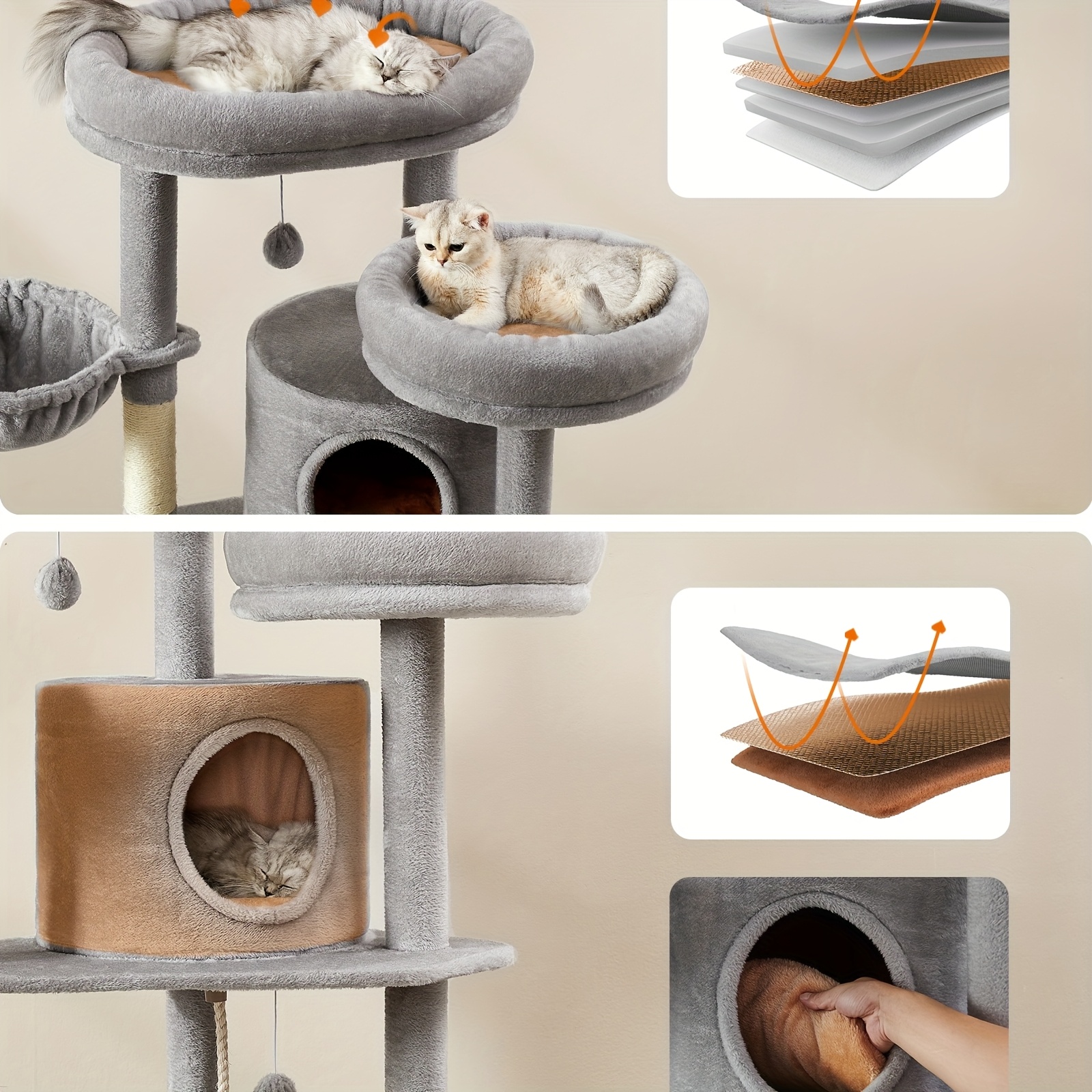 Feandrea XXL Cat Tree, 196cm Tall Cat Tower, Multi-Level Plush Cat Condo with 2 Perches, 3 Caves, 2 Baskets, 5 Scratching Posts, 4 Pompoms, Self-Groomers, for Indoor Cats