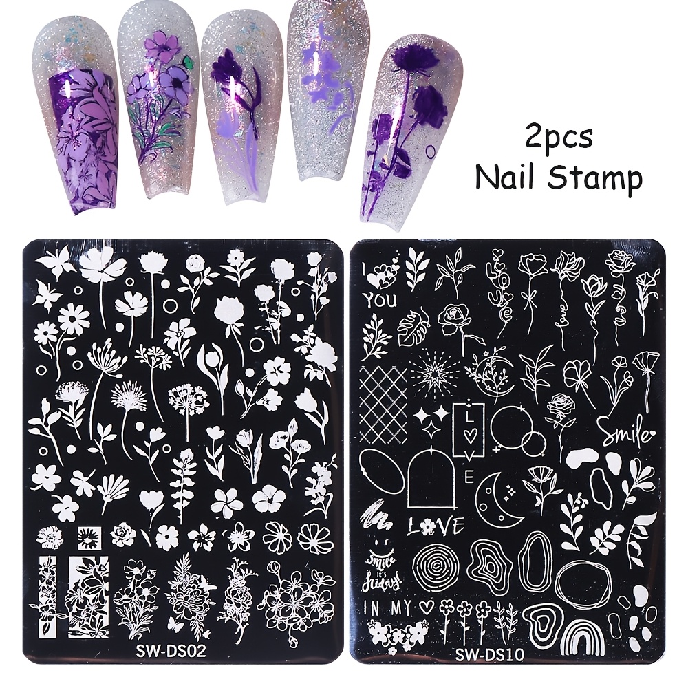 2pcs Spring Summer Flowers Leaves Nail Plate, Daisy Flowers Roses Stainless Nail Salon Use Nail Stamp Stencil Template Tools