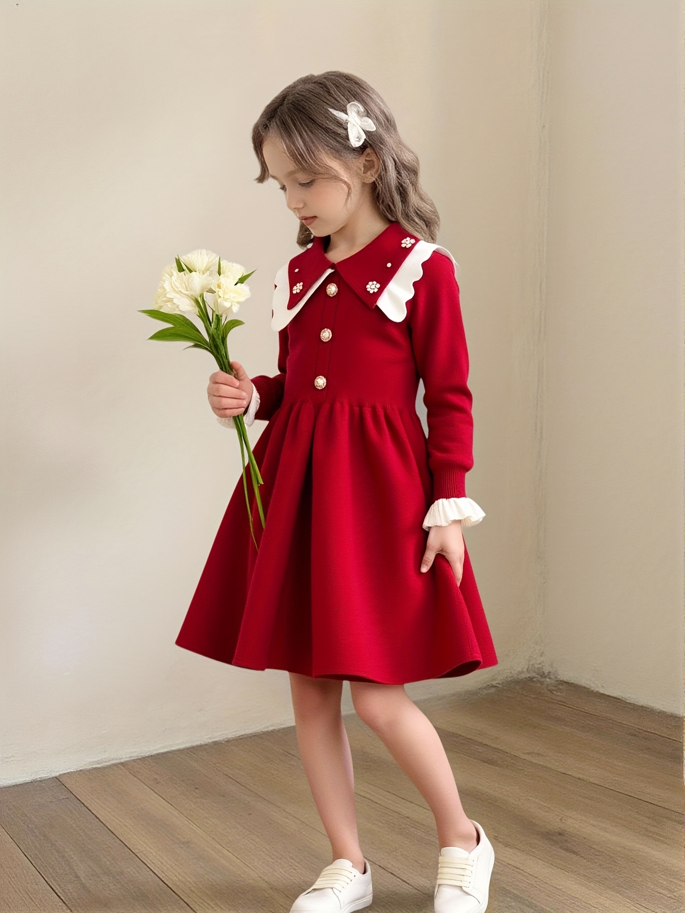 red dress with white collar and cuffs Dark Red Midi Dress with White Collar  Ms.Me Fashion