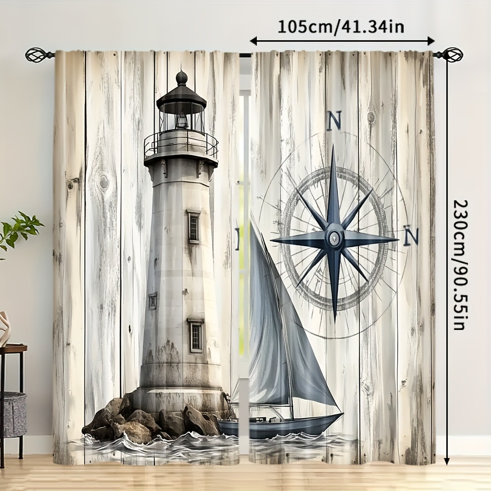 TEMU 2pcs, Lighthouse Decorative Drapery Curtains, 100% Polyester, For Bedroom, Dining Room, Living Room, Kitchen, Study And Playroom, Cheap, And