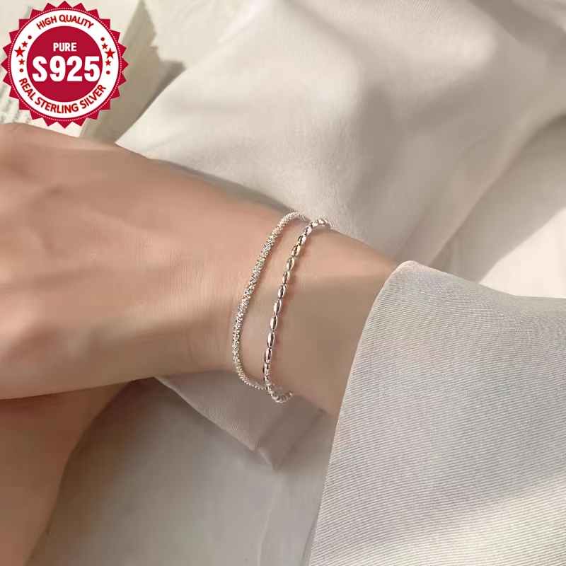 

925 Pure Silvery Low Allergy Rice Grain Double Layer Bracelet Sparkling Stackable Hand Ornament Suitable For All Christmas Gift 3.5g