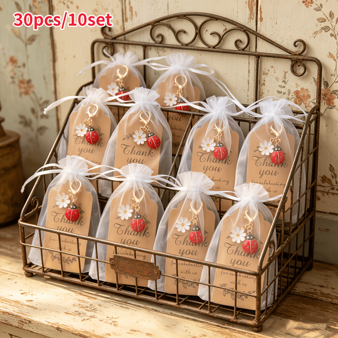 TEMU 30pcs/10set Ladybug With Small Flower Keychain Pendant, [10 Keychains + 10 Cards + 10 Gift Gauze Bags] Clothing Backpack Charm, Car Keychain,