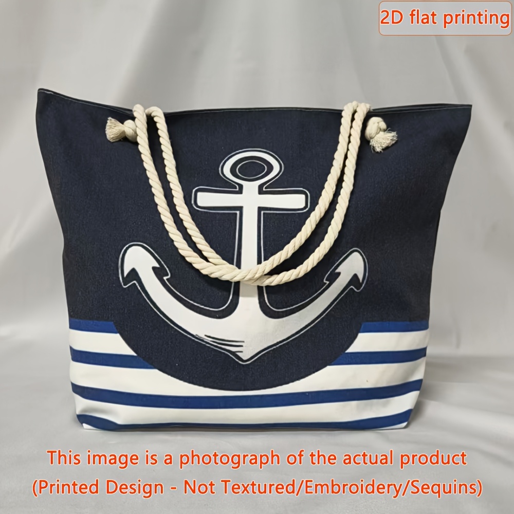 TEMU 1pc 2d Flat Printed Design - Non-textured Women's Large Capacity Travel Handbag, Nautical Balloon Anchor Striped Printed Pattern - Beach Bag,