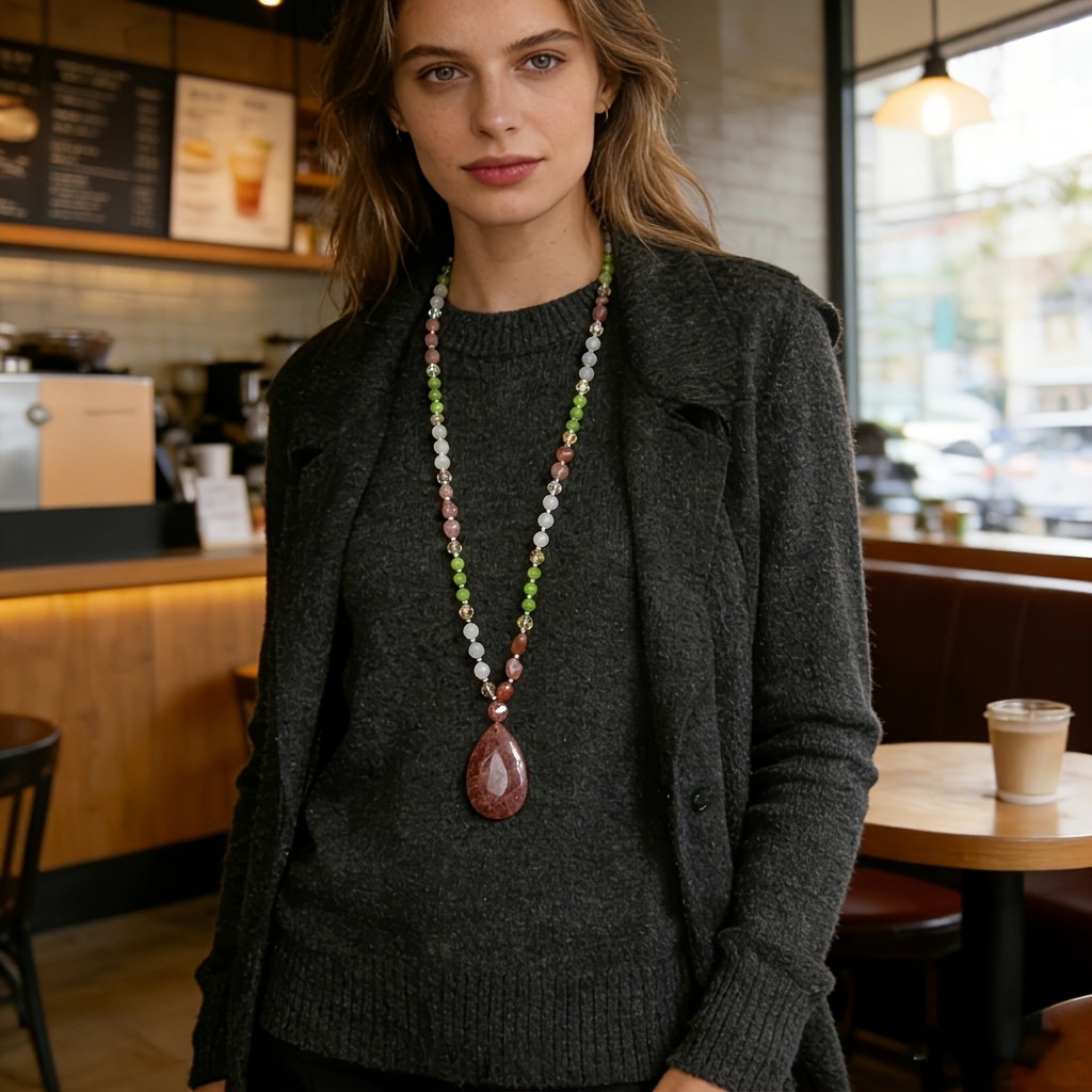 Fashionable Natural Stone Bead Necklace, Multi-Layer Stackable