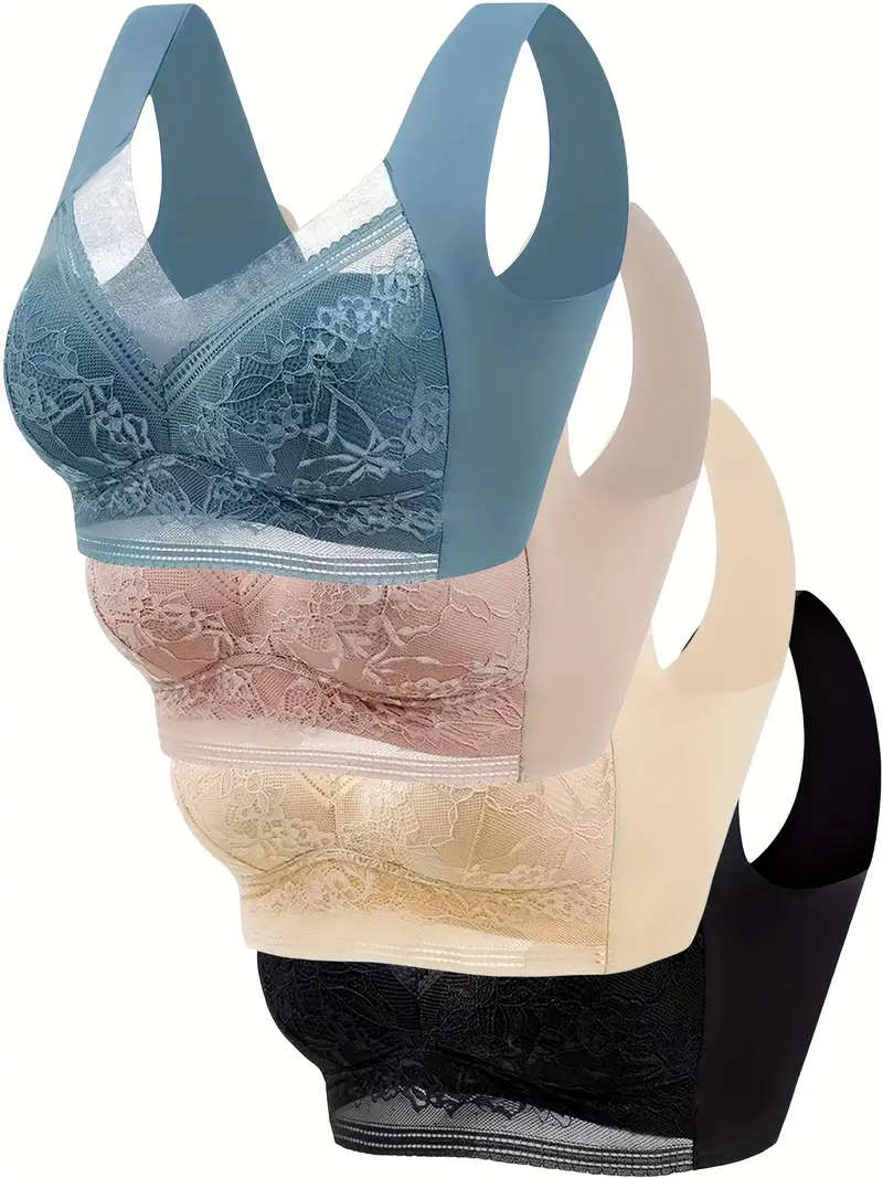 4pcs Simple Solid Contrast Lace Wireless Bra, Comfy & Breathable Bra,  Women's Lingerie & Underwear