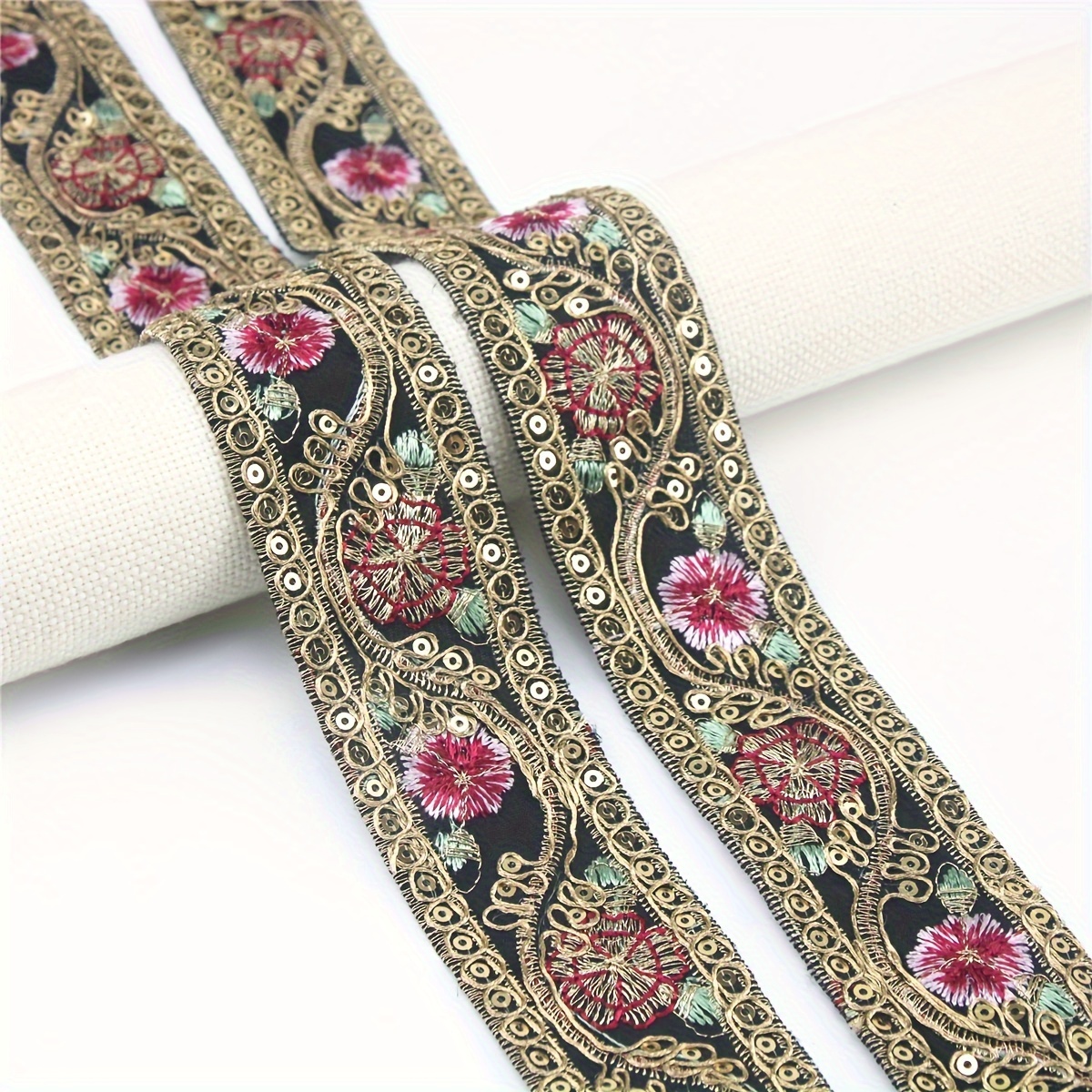 Ethnic Embroidered Sequin Lace Trim - Decorative Floral Ribbon For Diy Sewing, Dress & Shoe Crafts