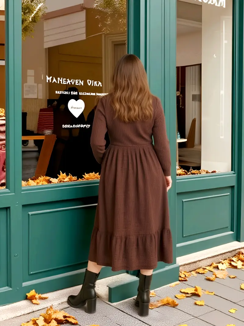 Plus Size - Plus Size - Elegant Brown * Midi Dress for Women - Long Sleeves, Round Neckline, Pockets, Waist-Cinching Design, Elastic And Comfortable, Perfectly Suitable for * Casual And Formal ... Plus Size - Plus Size - Elegant Brown * Midi Dress for Women - Long Sleeves, Round Neckline, Pockets, Waist-Cinching Design, Elastic And Comfortable, Perfectly Suitable for * Casual And Formal ...