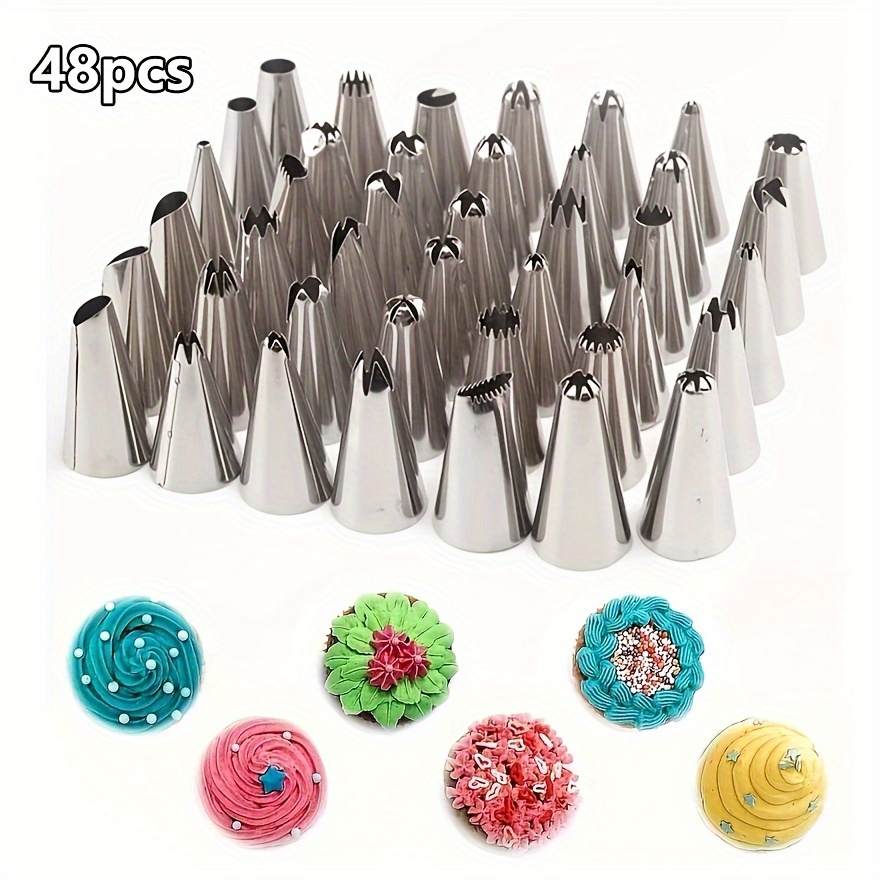 

48-piece Stainless Steel Cake Decorating Tips - Perfect For Cupcakes, Cakes, And Cookies - Includes Round, Petal, Drop Flower, French, Leaf, , Close Star, Open Star, And Other Tips