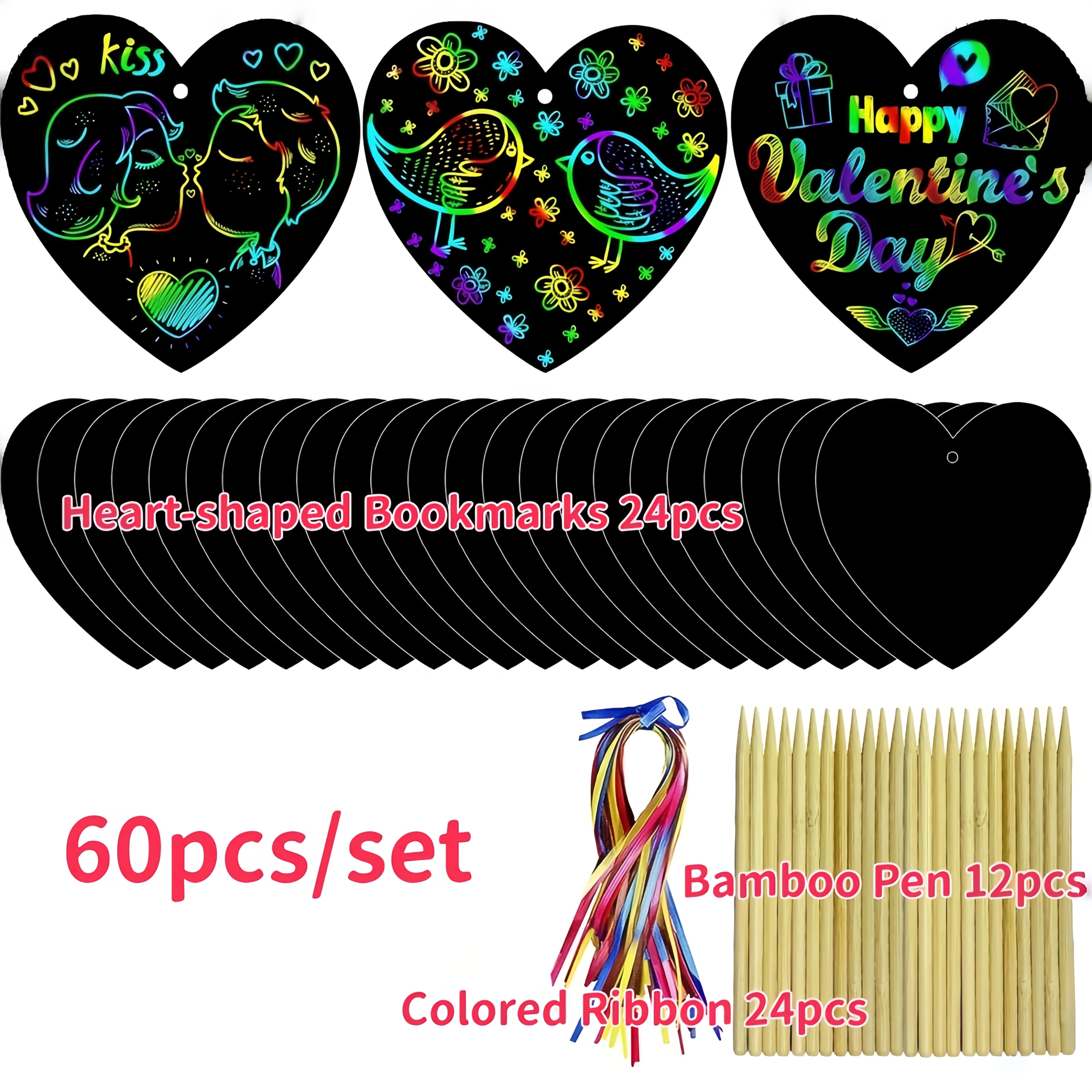 60pcs Heart Shape Scratch Art Bookmarks Set, Rainbow Craft Kit With Color Strings And , Gift Decorations