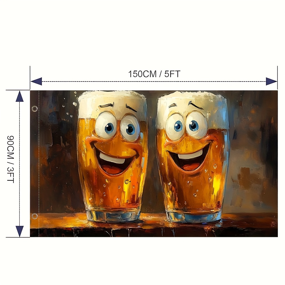 TEMU 1pc Humorous Beer Glass Flag - 150x90cm (59"x35") Vibrant Polyester Outdoor Decoration With Cartoon Beer Mugs & Bubbles, Weather-resistant