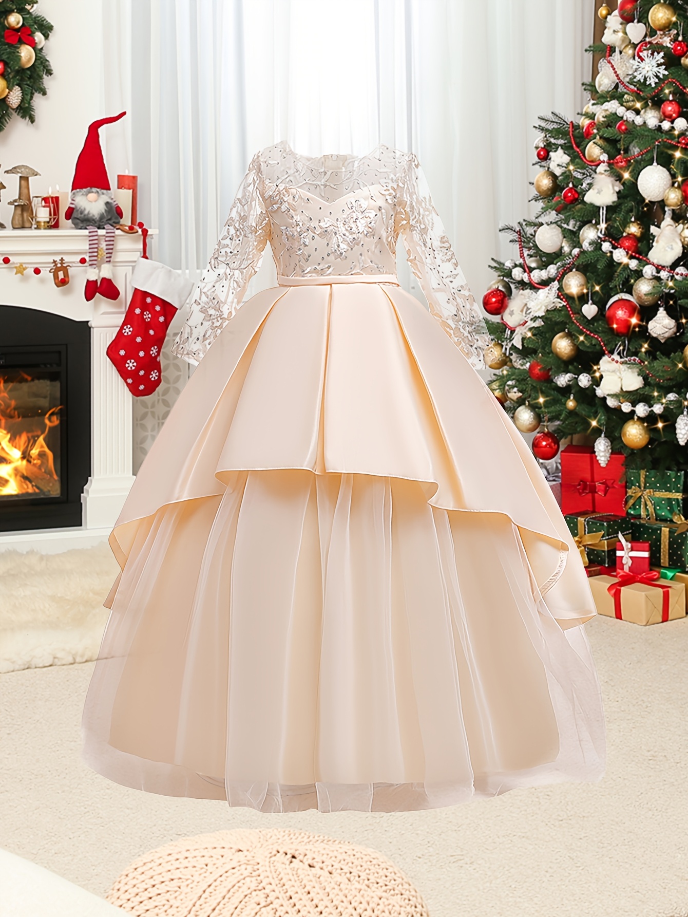 long sleeved bow tie tulle wedding dress floor length - Temu