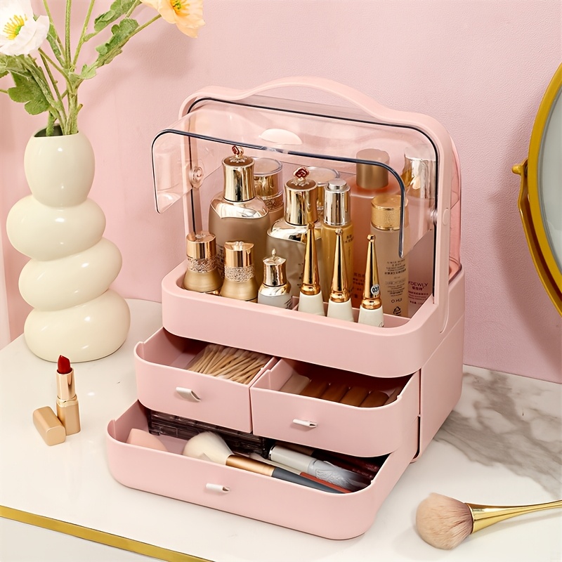 pink expandable makeup organizer with drawers dustproof cosmetic storage box for skincare lipstick jewelry and brushes transparent lid multi tiered compartments vanity or bathroom countertop cosmetic storage organizer details 0