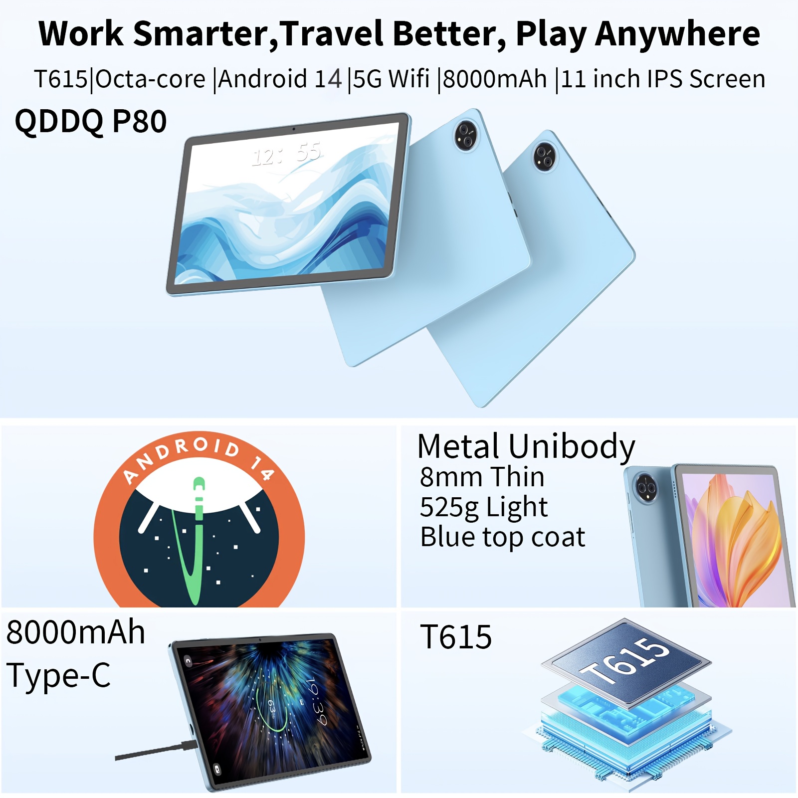 QDDQ 10 Inch/11 Inch Tablet Android 14, 2-in-1 Tablet With Keyboard, Mouse, Case, Stylus, 256GB Storage, 12GB(6GB+6GB Expanded) For RAM, Supports Expansion Of 1TB (TF Card Not Included), FHD IPS Touch Screen, 5+8MP Dual Camera, WiFi, Type-C (Without Adapter), Tablet, Pad