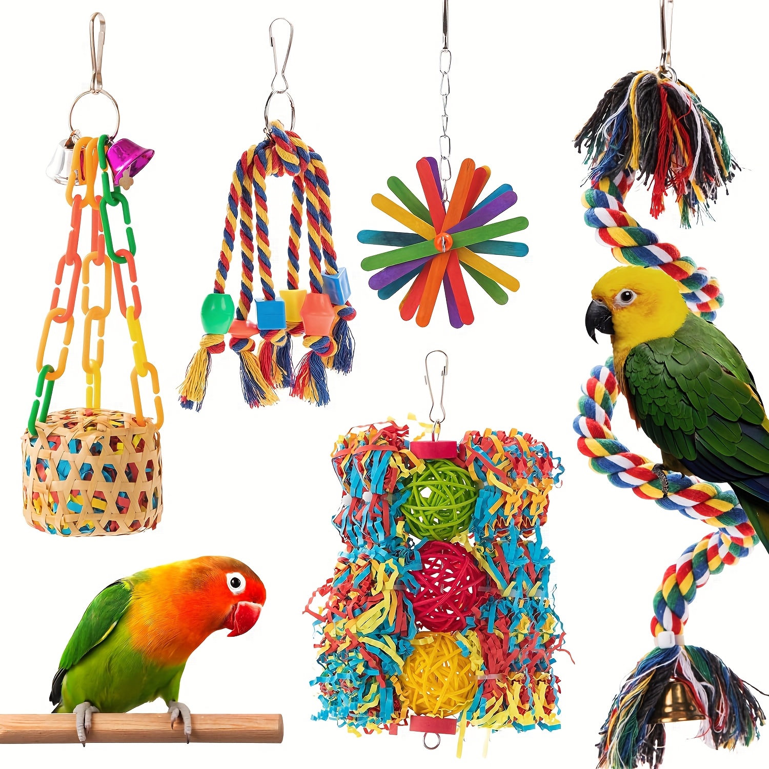 TEMU Bird Toys Parakeet Toy Parrot Chewing Shredding Foraging Toys With Rope Perch Hanging Toys Bird Cage Accessories For Cockatiel Conure Budgies Lovebird 5 Pack