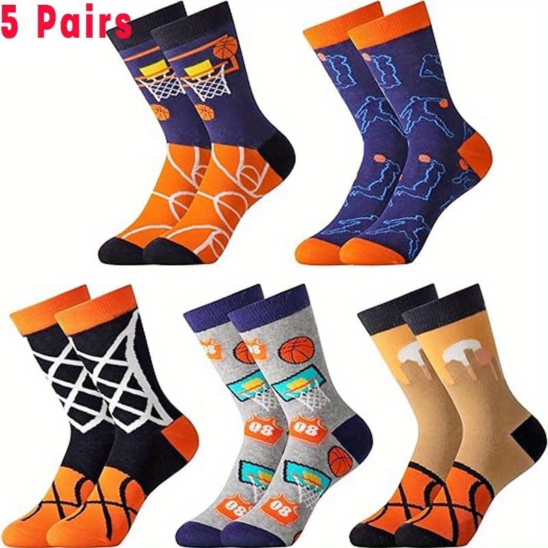 TEMU 5-pair Quazilli Basketball Socks Suitable For Teen & - Youth Mid-calf Novelty Sneaker-compatible Socks With Basketball-themed Patterns,