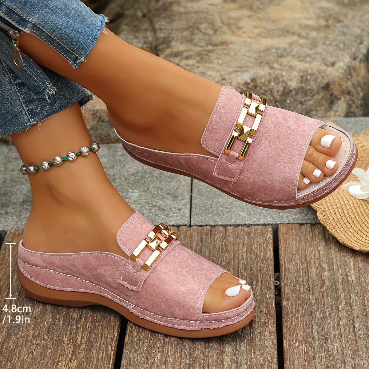 

Size Women's Summer Sandals - Comfy Wedge Heel, Open Toe Slip-ons In Pink With Cover &