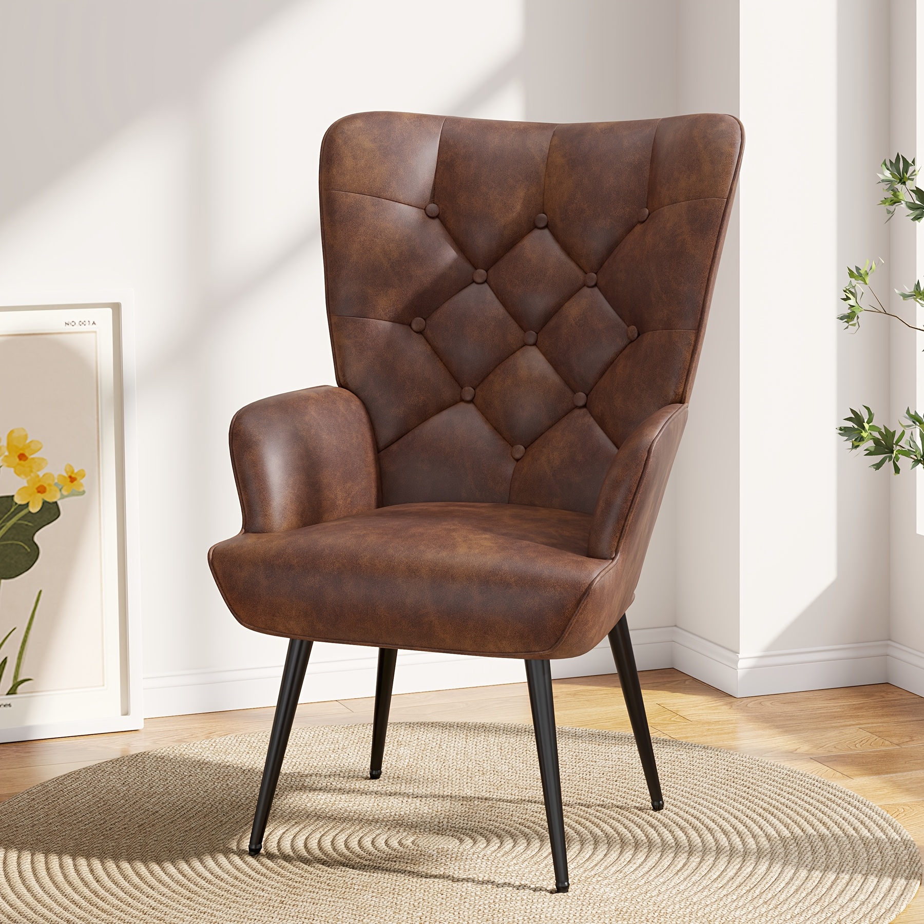 Image of High Back Accent Chair, Modern Mid Century Armchair With Metal Legs, Velvet Upholstered Wingback Reading Chair Sofa Chair For Bedroom, Living Room, Office, Makeup
