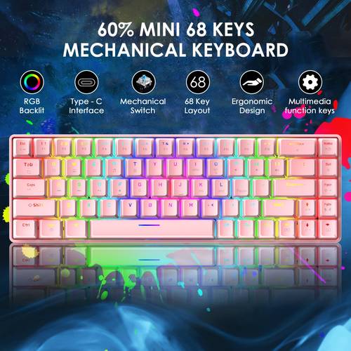 mechanical gaming keyboard 18 chroma rgb backlit keyboard with type switches 68 keys anti wired gaming keyboard for pc gamer typist tactile black rgb