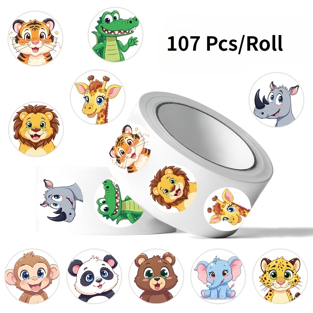 TEMU Rotolo di adesivi rotondi con 107 animali - //Panda/Tigre/Elefante ,5 adesivi decorativi multi-animali per confezioni regalo, 10 adesivi con